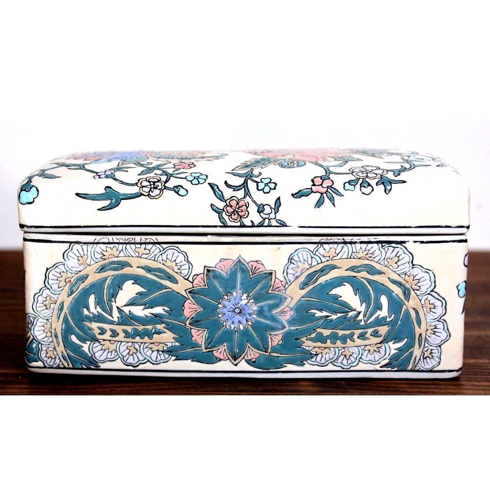 XL ANDREA by SADEK BLUE PINK CHINESE JADE PORCELAIN DRESSER TRINKET JEWELRY BOX